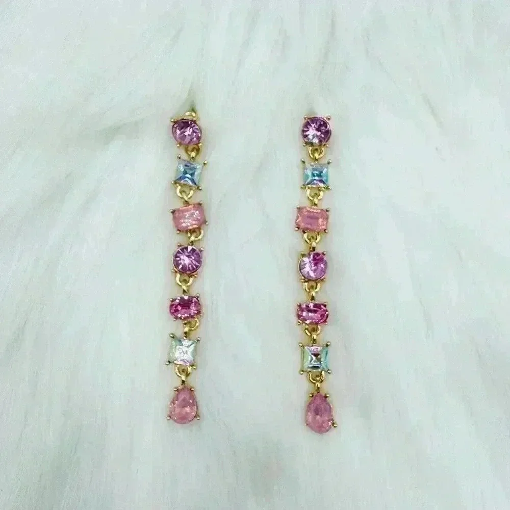 Geometric Pink Crystal Tassel Earrings